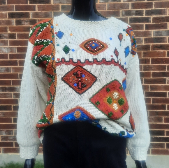 Vintage 90s Southwestern Pattern Embroidered and Beaded Hand Knit Sweater | S - Picture 4 of 16